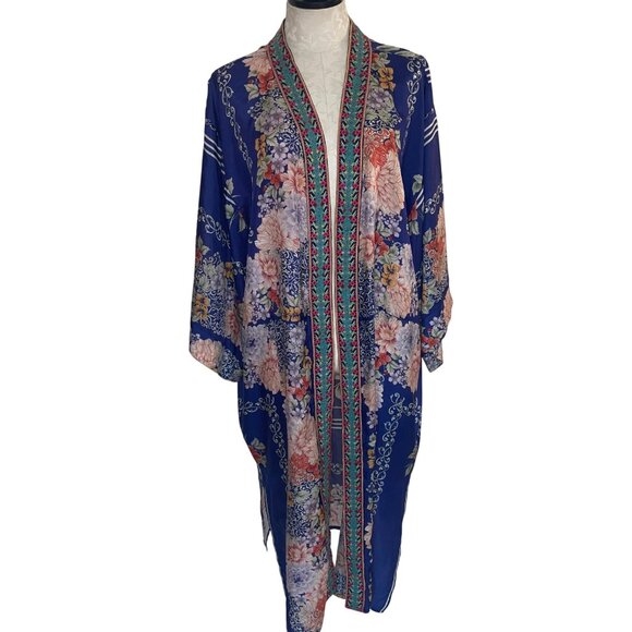 Johnny Was Womens Kimono Size XL Multicolor Blati Floral Side Slits Pure Silk - Picture 1 of 15